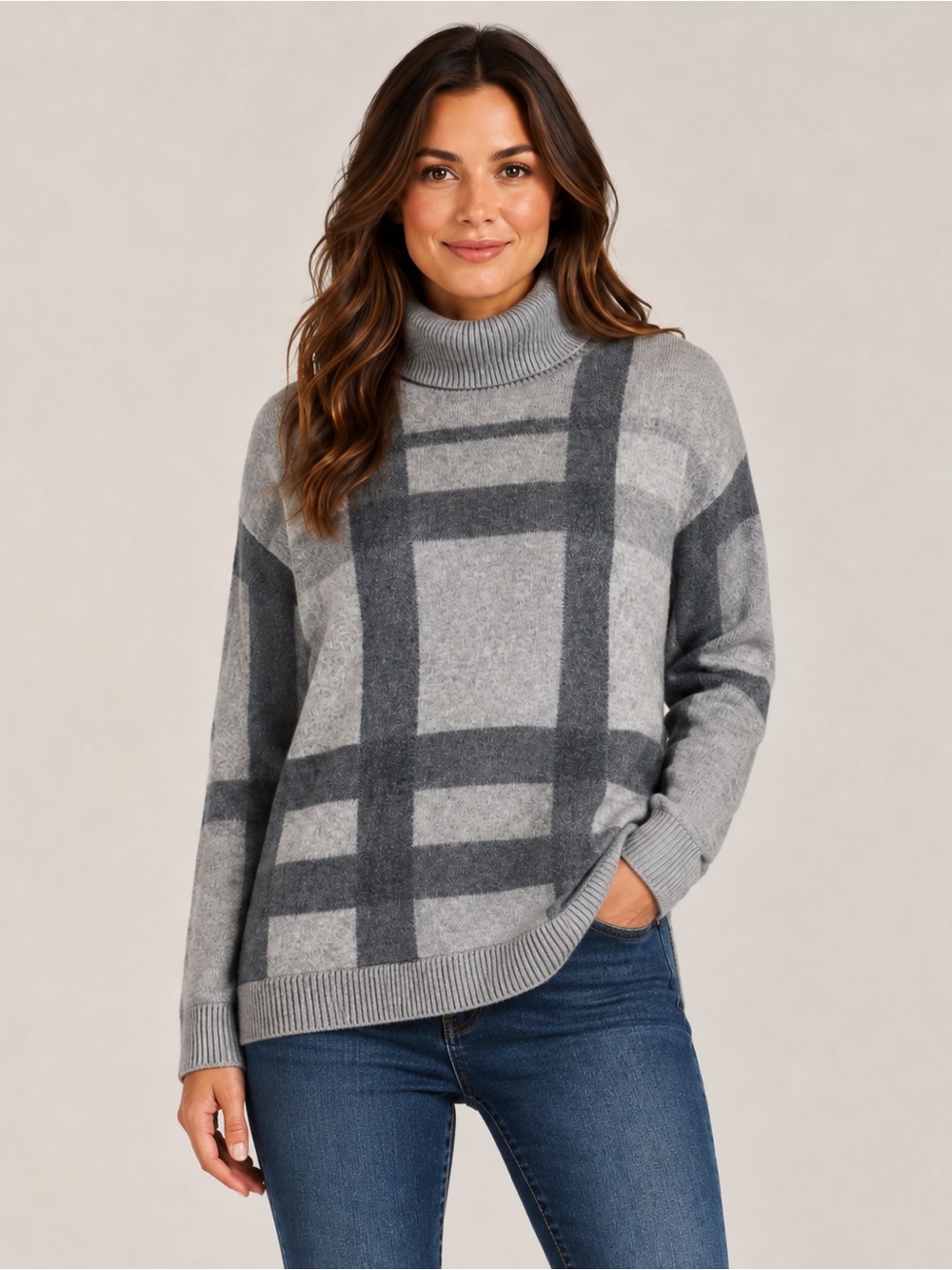 Minnie Rose Plaid Turtleneck Gray Grid Sweater NWOT